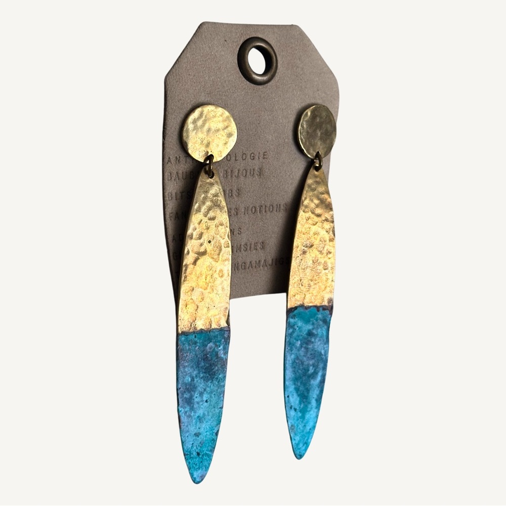 NWT Anthropologie Gold-Tone & Turquoise Patina Dagger Drop Earrings